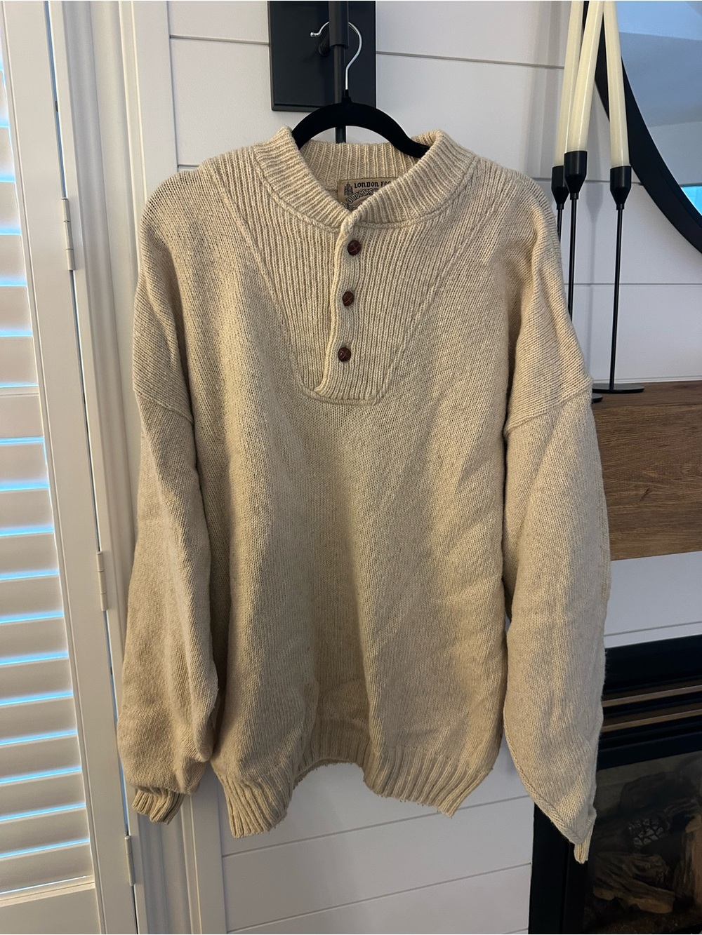 Vintage London Fog 100% WOOL Cream Henley Knit Sweater